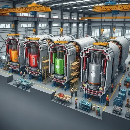 Cutaway diagram of modular reactor units staged for factory assembly, showing transport and stacking