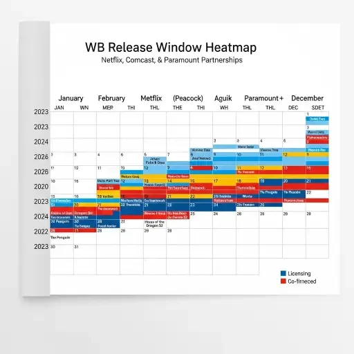 A calendar heatmap of WB release windows across Netflix, Comcast, and Paramount partnerships, with color-coded blocks for licensing, exclusive, and co-financed titles.