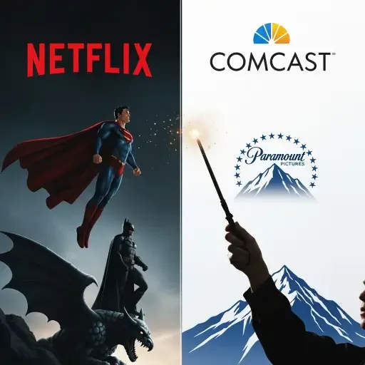 A split-screen graphic showing Netflix, Comcast, and Paramount logos overlaid with WB property silhouettes (Superman, Batman, Potter wand).
