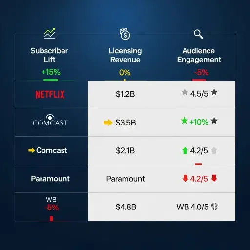 A stylized investor briefing slide with three columns showing Netflix, Comcast, Paramount, and WB IP outcomes—subscriber lift, licensing revenue, and audience engagement.