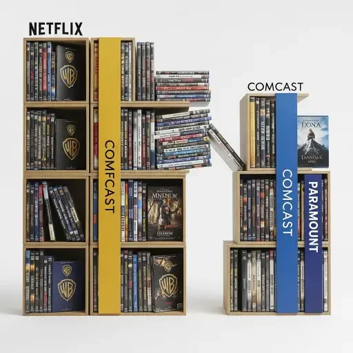 A visual metaphor of a modular bookshelf, each WB title a block that can slot into Netflix, Comcast, or Paramount stacks depending on market conditions.