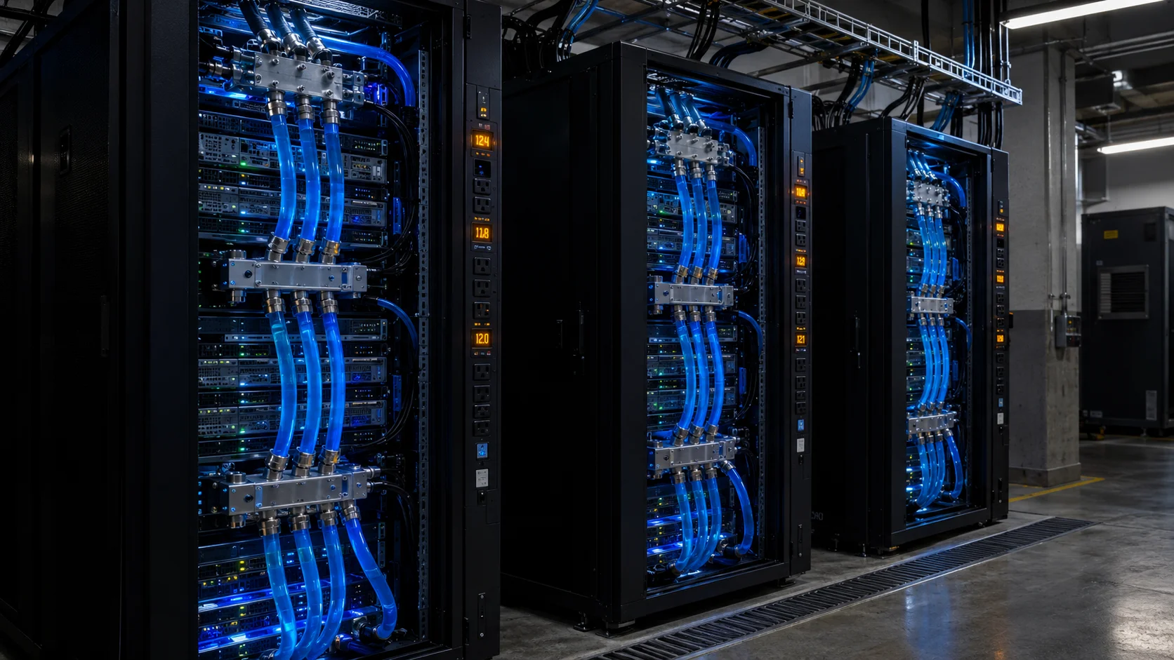 Burn-in bay with a row of liquid-cooled AI server racks, blue coolant lines and PDU ammeters glowing under dim test lighting