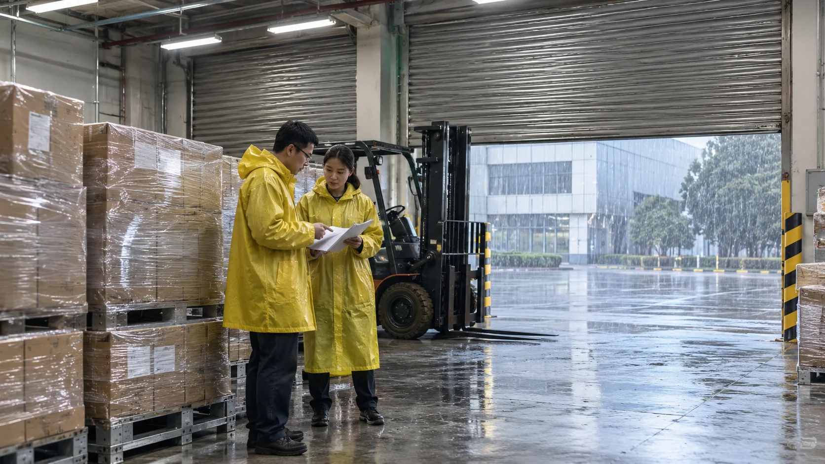 Warehouse bay at a Taoyuan science-park logistics hub with shrink-wrapped wafer shippers on pallets and workers in rain slicks checking manifests beside rolled typhoon shutters