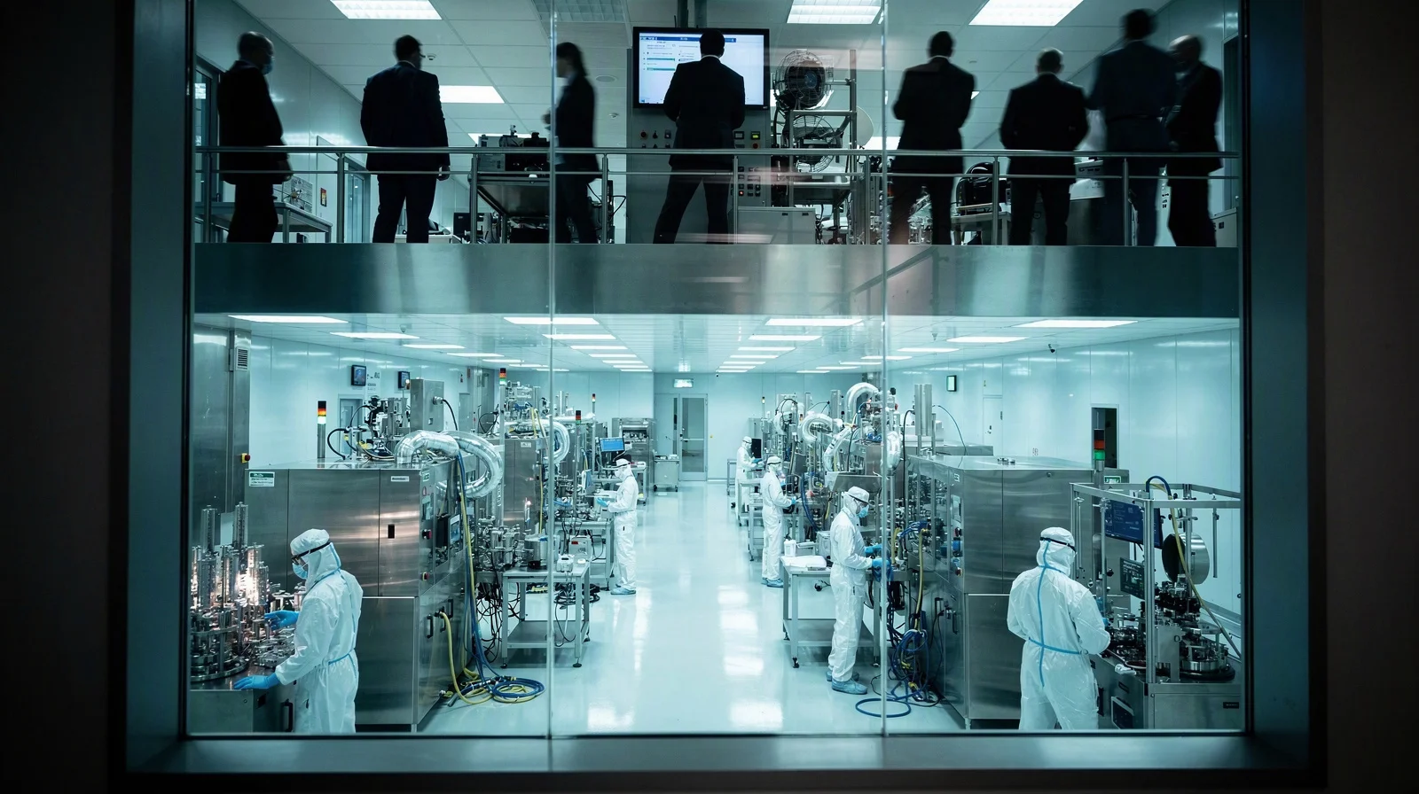 Observers behind glass overlooking a semiconductor clean room where technicians work under cool LED panels