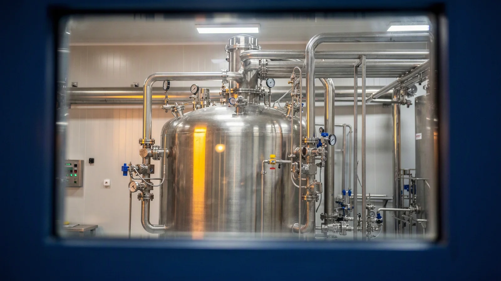 Close view through a clean-room window of a bioreactor vessel and polished fermentation pipework lit by warm amber process lights