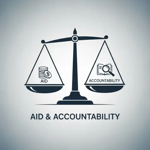 A closing graphic: a simple balance scale between aid and accountability