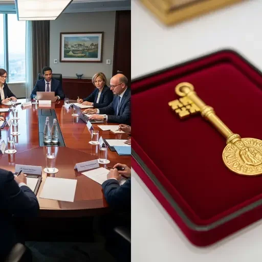 A montage of donor officials at a roundtable, juxtaposed with a gilded item on a velvet tray