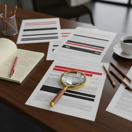 An auditor’s desk with redacted documents and a magnifying glass
