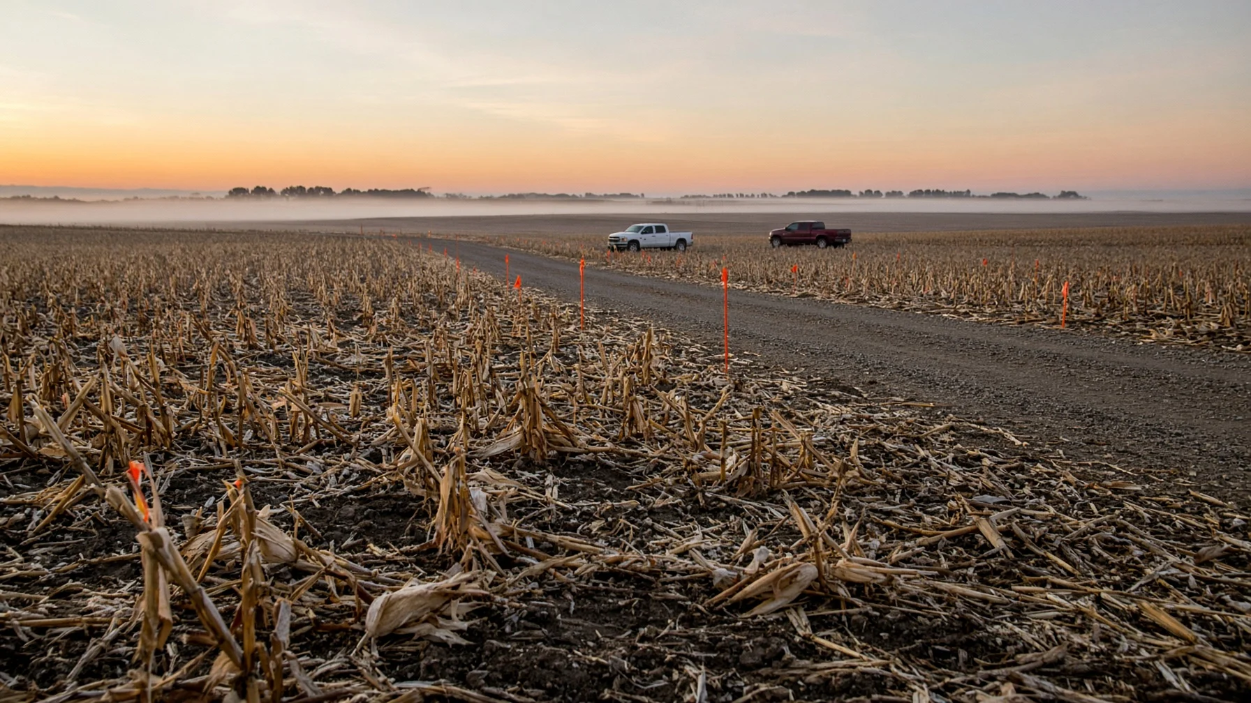 Survey stakes and construction flags along a gravel track through Iowa corn stubble at dawn, pickups parked mid-distance