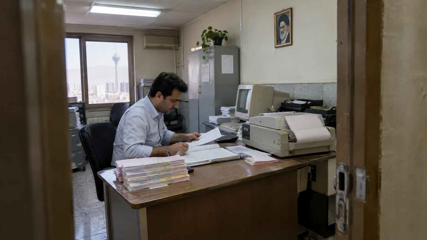 Clerk reconciling a handwritten cash ledger beside stacked retail order slips in a Tehran brokerage back office, fluorescent light on worn laminate