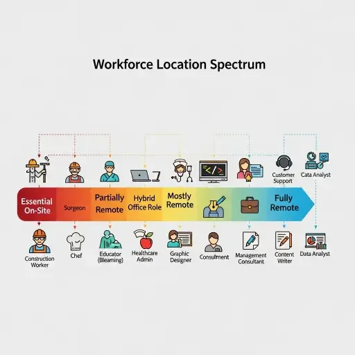 Graphic: a spectrum from 'essential on-site' to 'fully remote' with examples of job types positioned along it