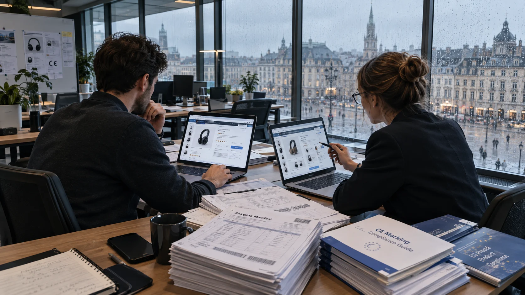 Compliance auditors reviewing marketplace listing screenshots beside shipping manifests in a European office