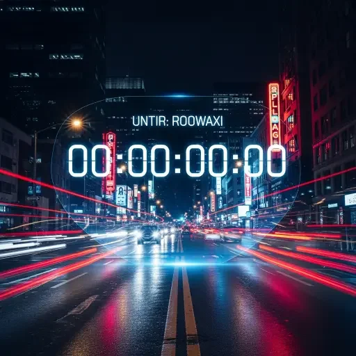 Digital countdown timer overlaid on nighttime city street scene, showing remaining time until Tesla's announced robotaxi milestone