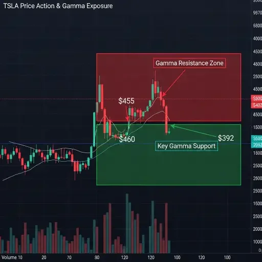 Technical chart showing Tesla's price action with overlaid gamma exposure levels, highlighting the $455-$460 resistance zone and $392