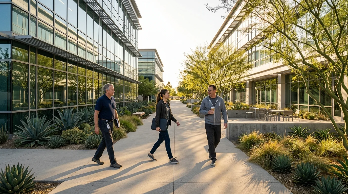 Afternoon sun on a Southern California tech campus with employees walking a landscaped path between two glass office buildings
