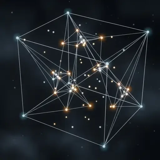 A three-dimensional visualization of points in a cap set configuration, with highlighted triplets showing the constraint that no three points can be collinear, rendered in a style suggesting both mathematical precision and computational generation