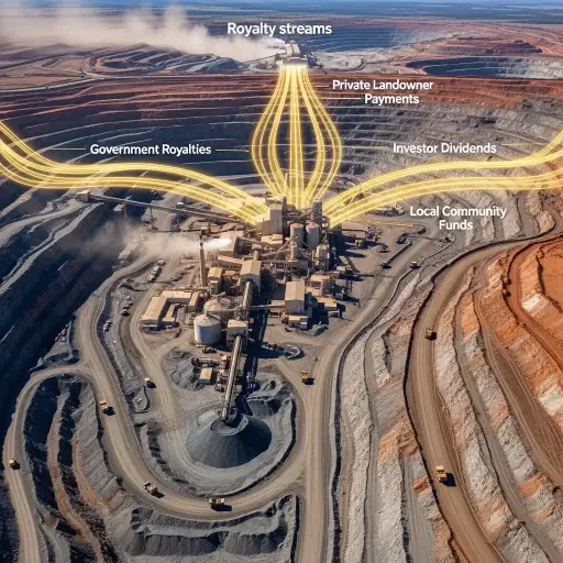Aerial view of mining operations and royalty streams