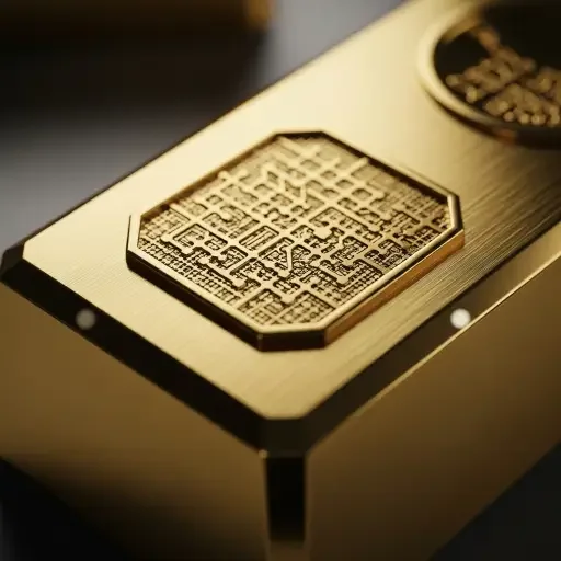 Close-up of a gold ingot imprinted with a blockchain-inspired lattice