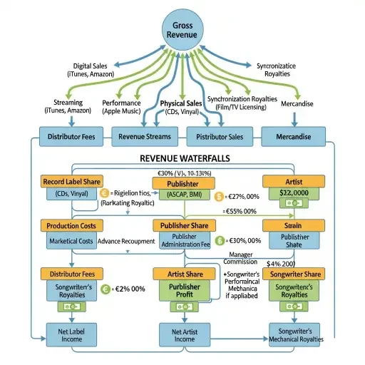 Diagram of royalty streams and revenue waterfalls