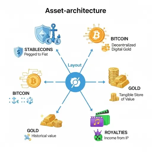 Reader-friendly infographic showing the asset-architecture: stablecoins, Bitcoin, gold, royalties