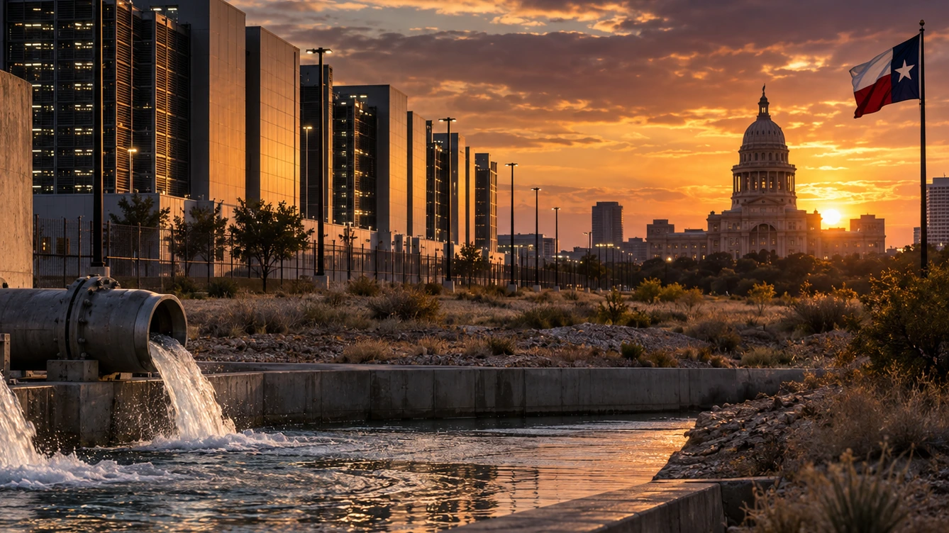 A Texas-scale data-center complex, water channel and state-government skyline under hard sunset light
