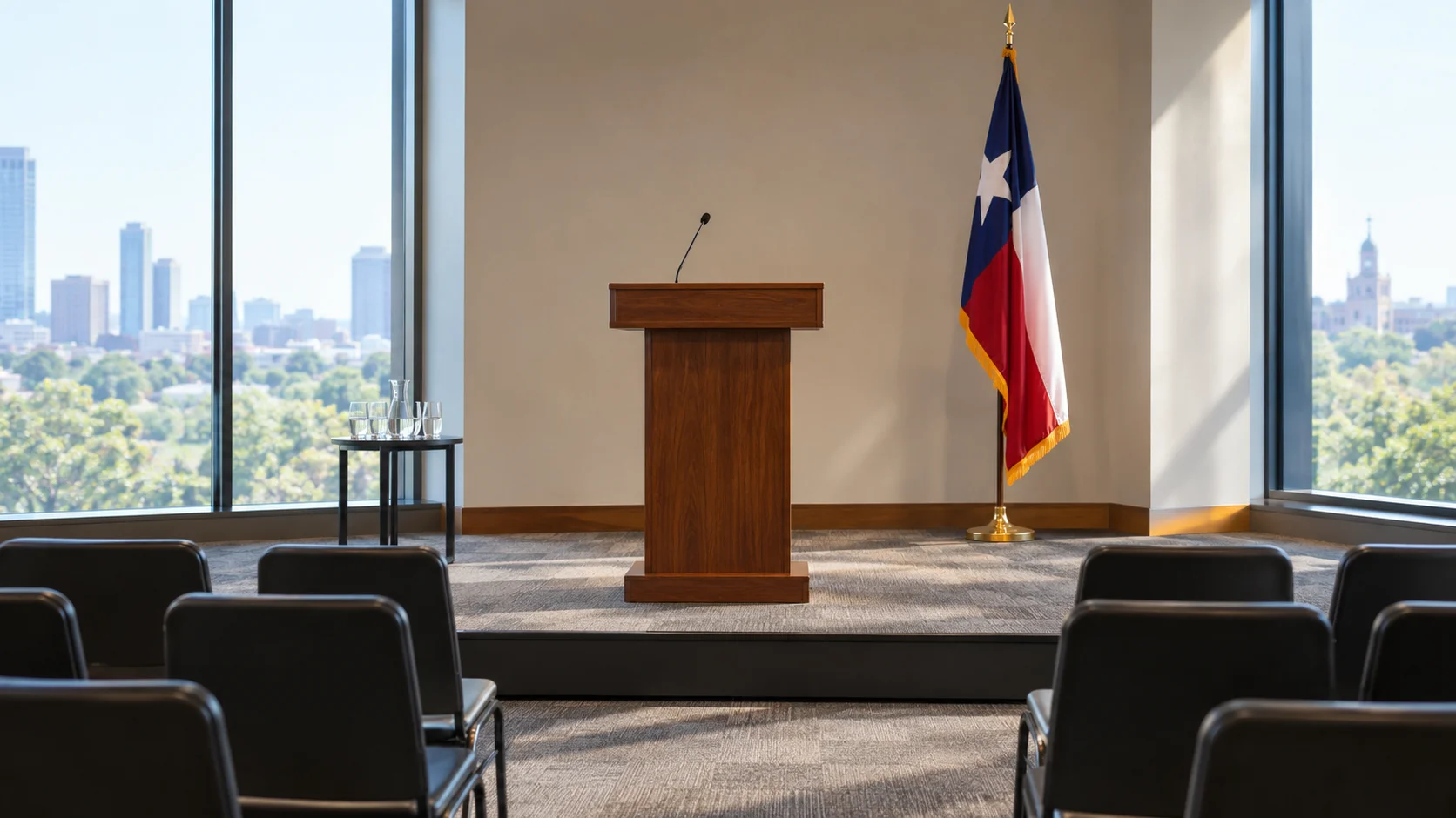 Empty conference room with a lone listing podium, Texas state flag on a stand, and water glasses on a side table