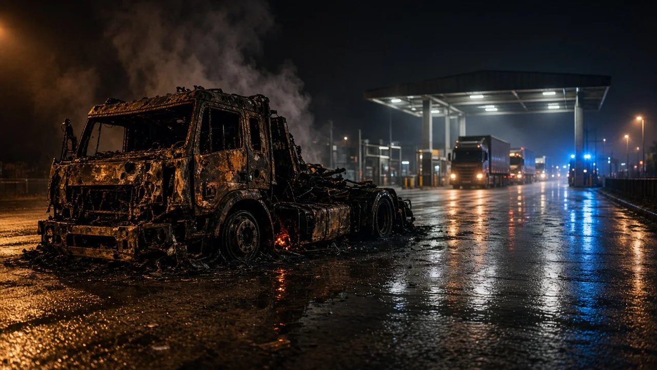 Burned-out truck on a wet approach road toward a floodlit border checkpoint at night, idle queue soft in the background
