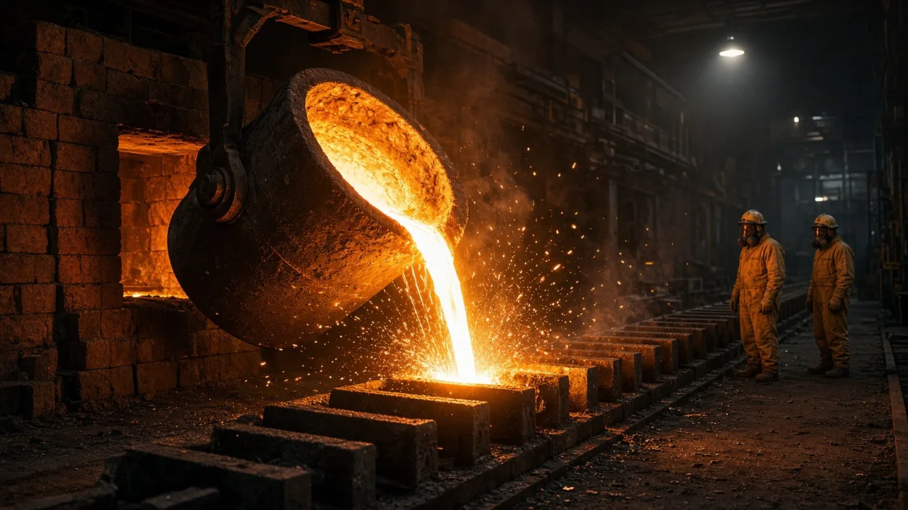 Night shift in a rare-earth foundry as molten alloy pours into molds under furnace light