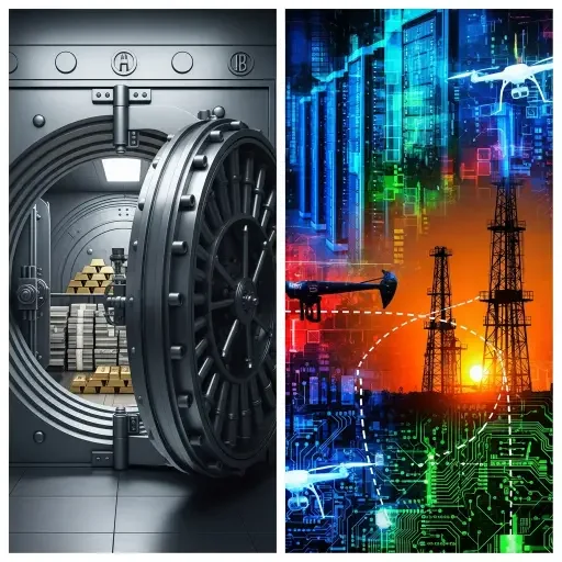 On the left, a serene, monochromatic representation of a central bank vault, on the right, a chaotic, vibrant abstract montage of server farms, oil rigs, and drone schematics