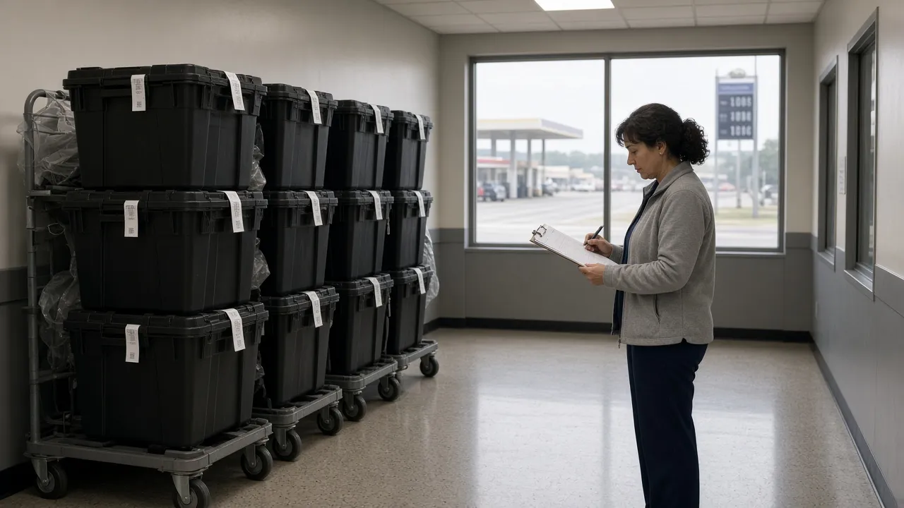 Stacks of sealed ballot bins on rolling carts in a county election office corridor, gas station canopy visible through the window
