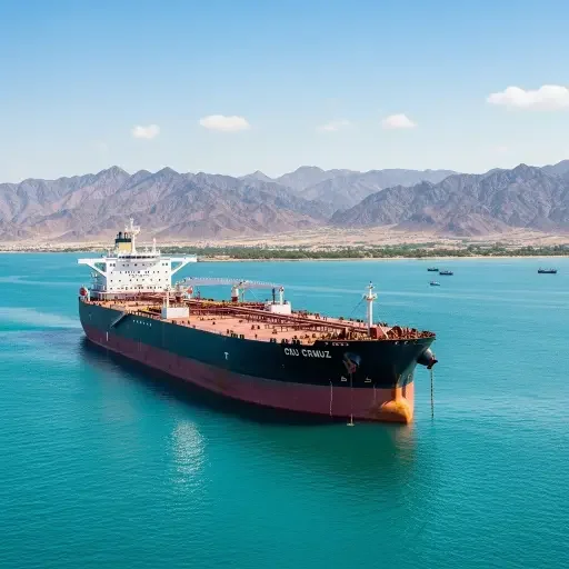 Oil tanker anchored near the Strait of Hormuz with Omani coastline visible