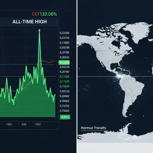 Split screen showing all-time high stock ticker against tanker traffic data showing near-zero Hormuz transits