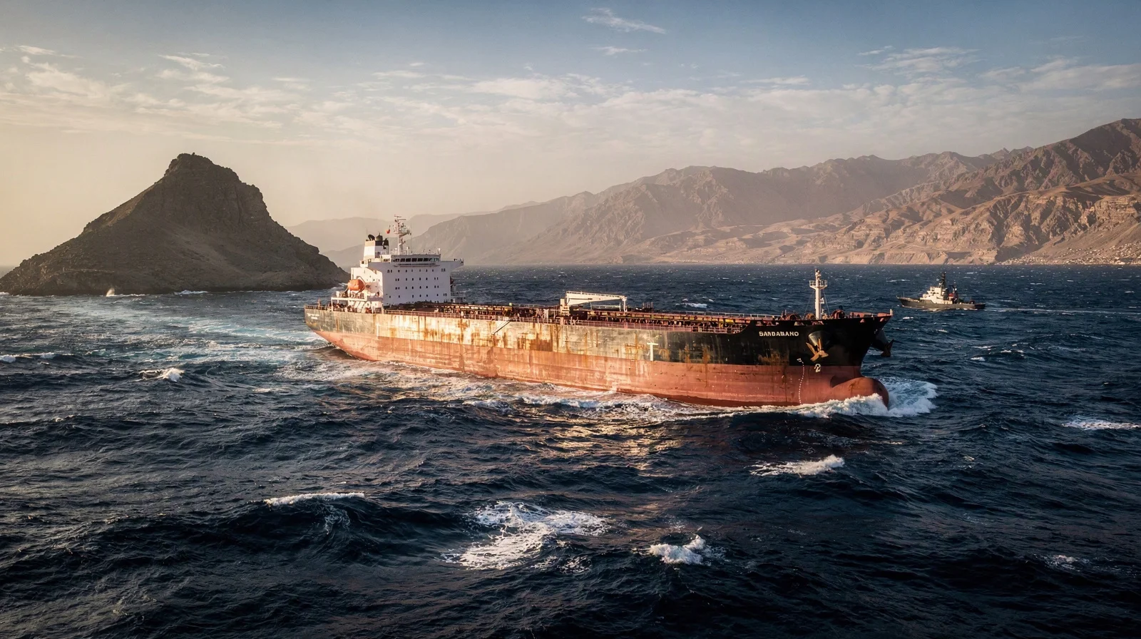 A laden crude tanker passes a volcanic island and dry mountains in the Bab el-Mandeb strait under low afternoon sun