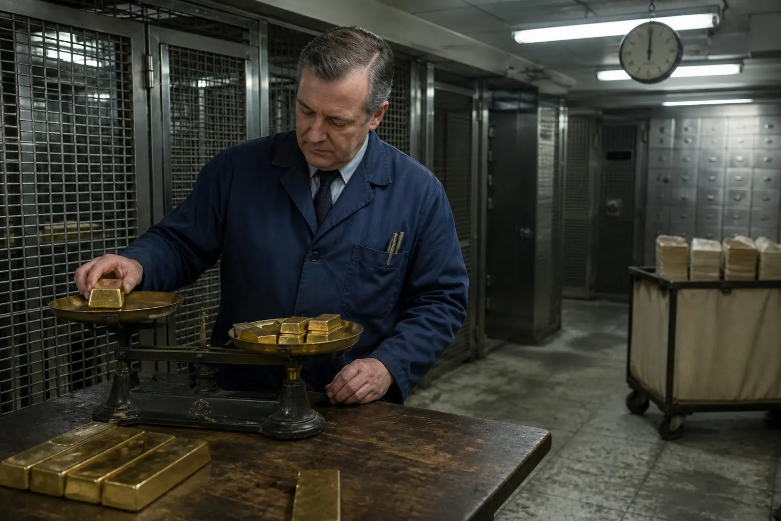 A night-shift clerk in a government bullion vault weighing unmarked gold bars on a mechanical scale