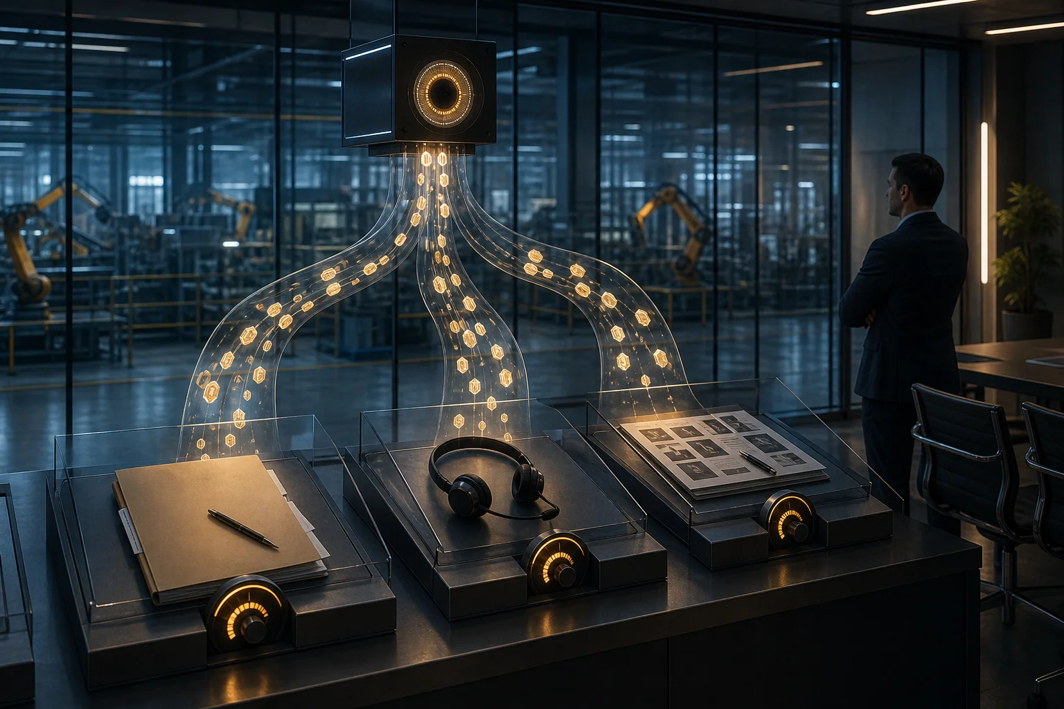 Glowing token streams flowing through a factory-style unit-cost dashboard of contracts tickets and drafts