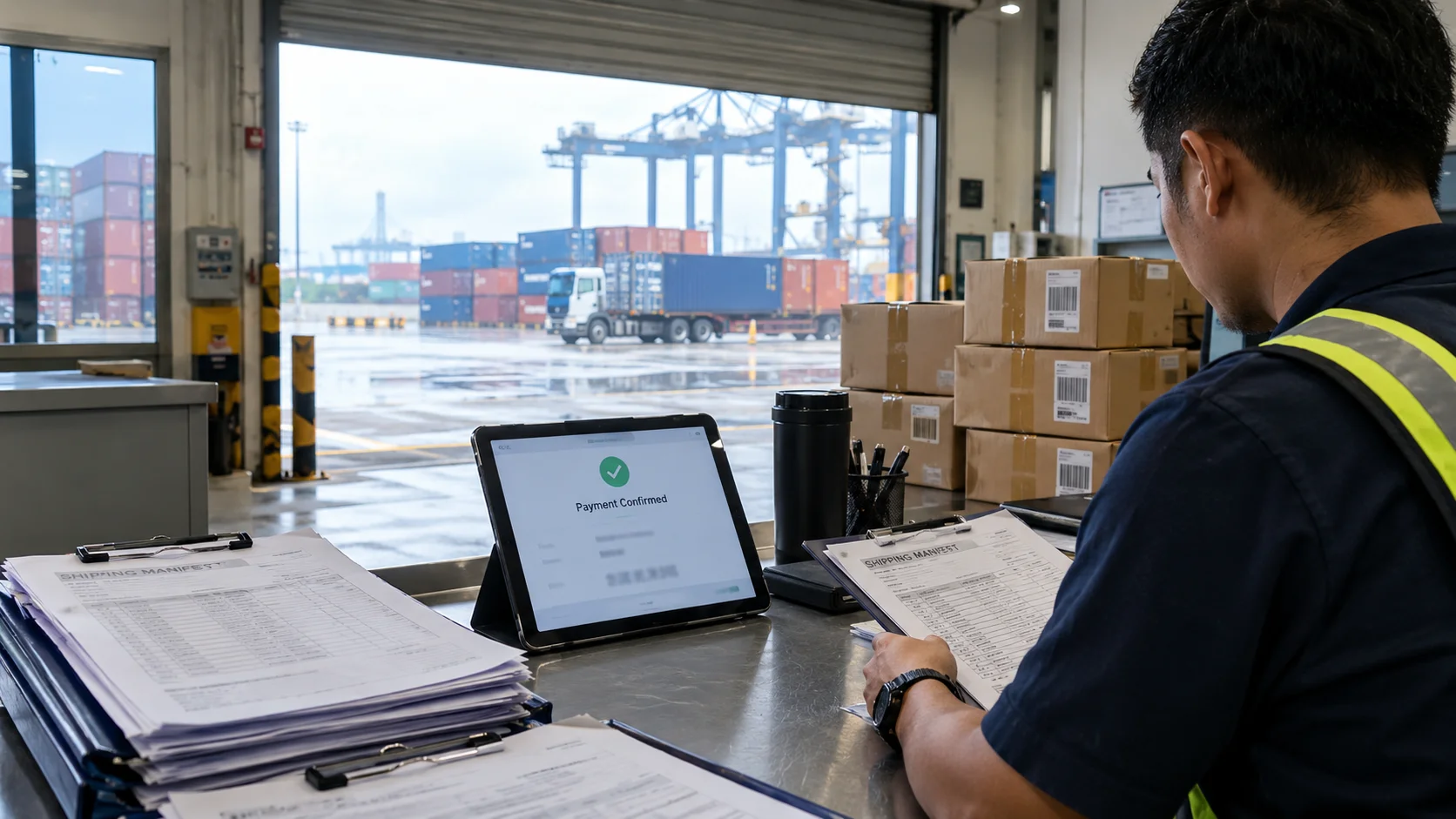 Container port back office with shipping manifests and a tablet showing a blurred payment confirmation beside stacked cartons