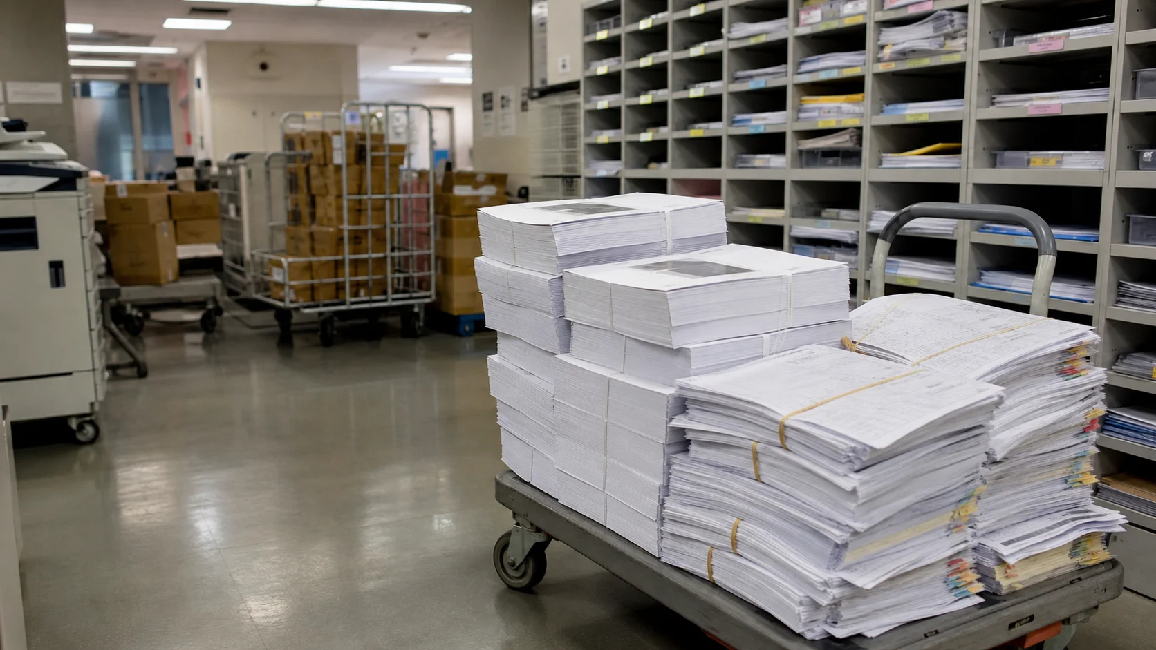 Fluorescent-lit back office mailroom with a wheeled cart stacked with bound index review prospectuses and rubber-banded shareholder lists