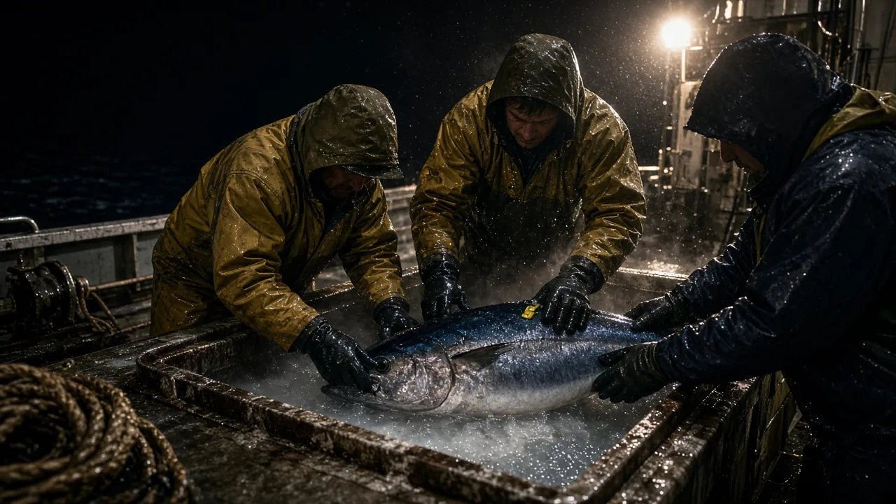 Longliner crew lowering a tagged bluefin into a freezing brine well under sodium deck lights at night