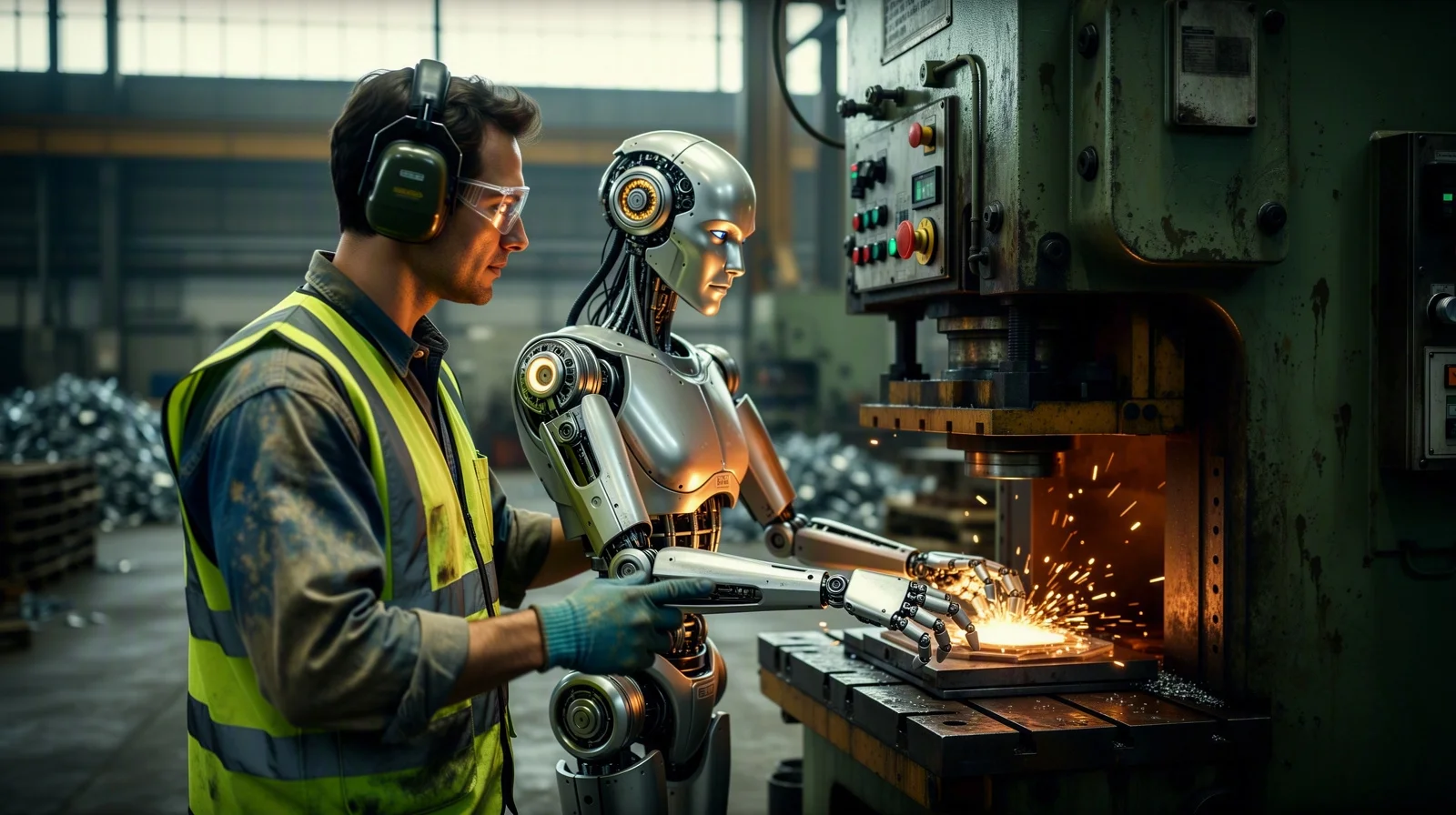 A factory technician works beside a humanoid robot in front of industrial equipment