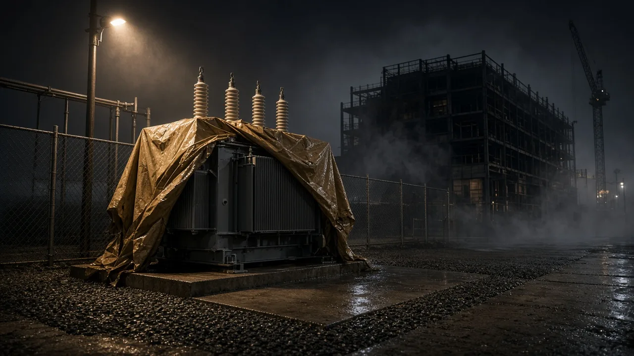 Large power transformer still under shipping wraps on a night substation pad, unfinished data-center shell fogged in the background