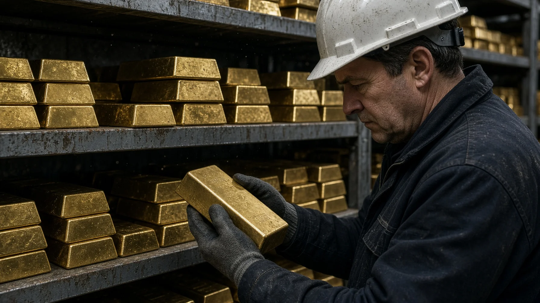 Gloved inspector in a hard hat examining a gold bar against steel shelves packed with bullion
