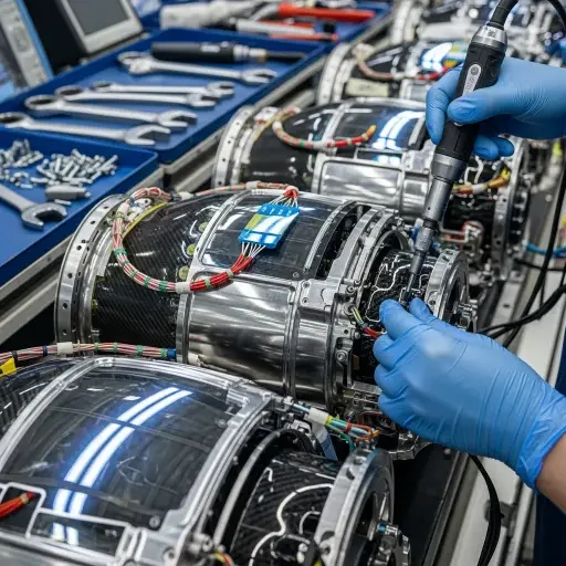 Close-up of aerospace components on an assembly line, hands and tools in frame