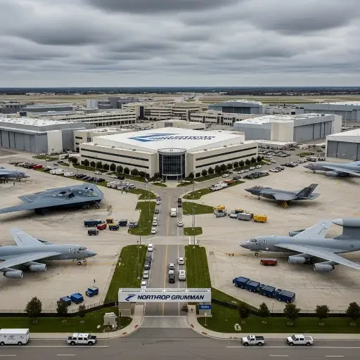 Northrop Grumman campus with defense aircraft and industrial facilities under overcast sky