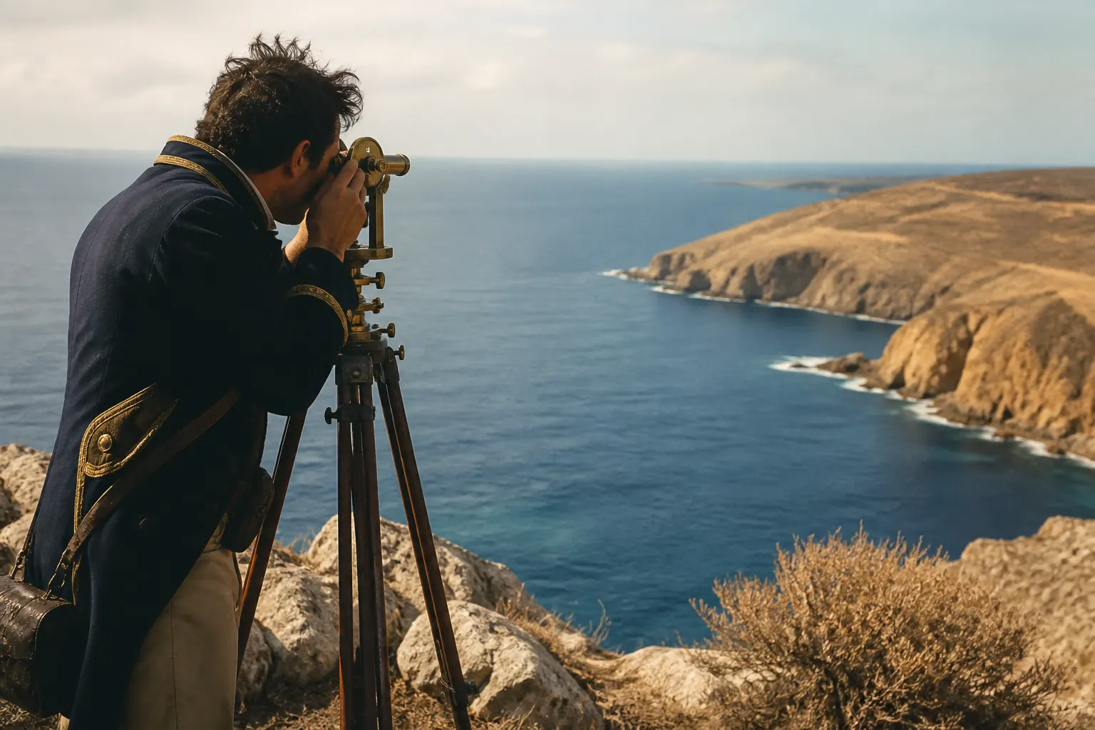 A coastal lookout on a sun-bleached headland aims a theodolite at an empty sea channel, as if surveying water into land