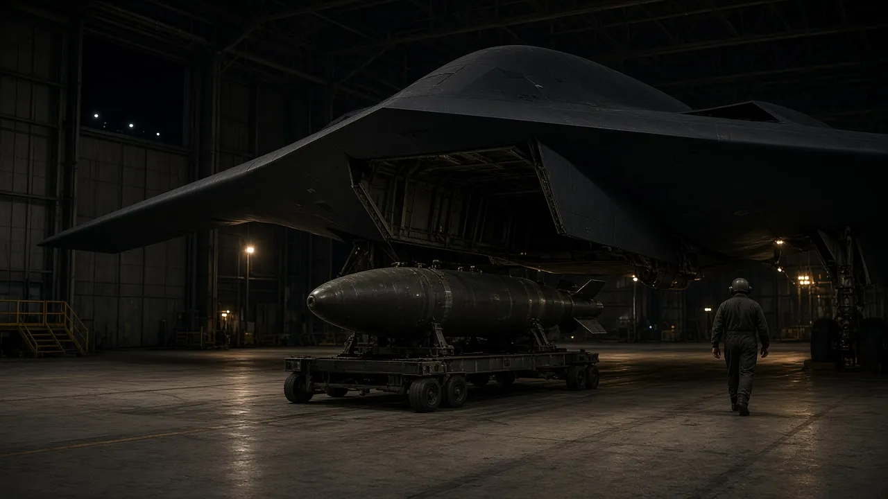A 30,000-pound bunker-buster on a hangar cart under a stealth bomber, standing in for a munition that may not reach granite depth