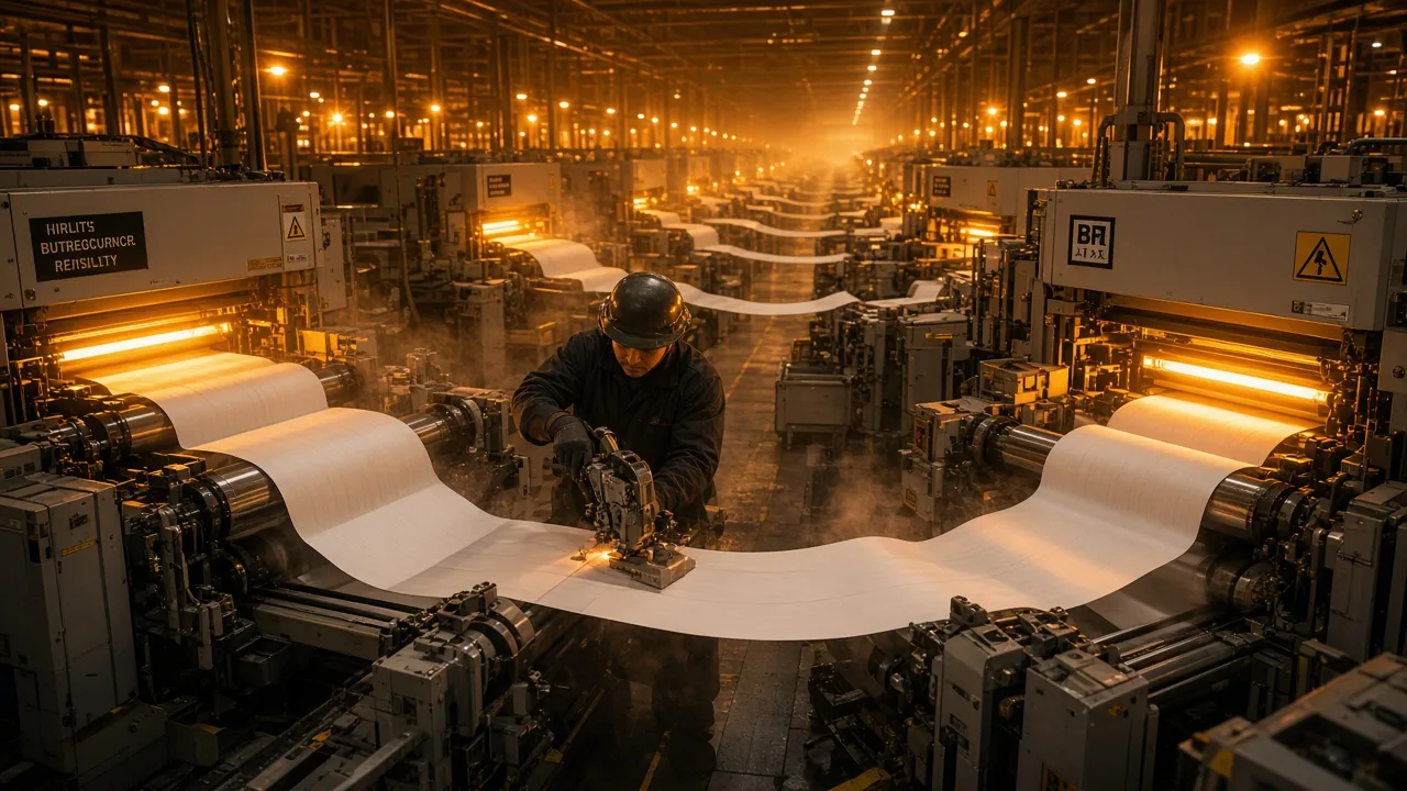 Night government printing presses running blank continuous forms under amber high-bay lights