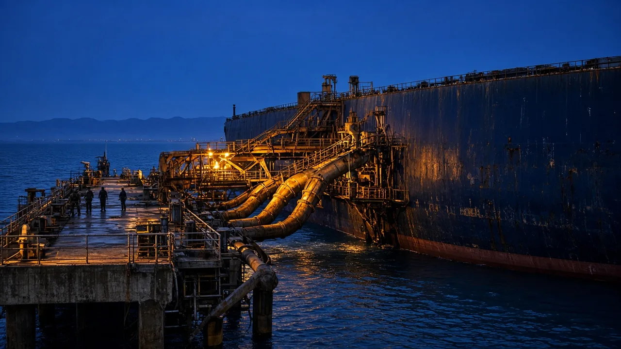 Loading arms locked to a VLCC at a Gulf export terminal under blue-hour floodlights, steel and seawater at industrial scale