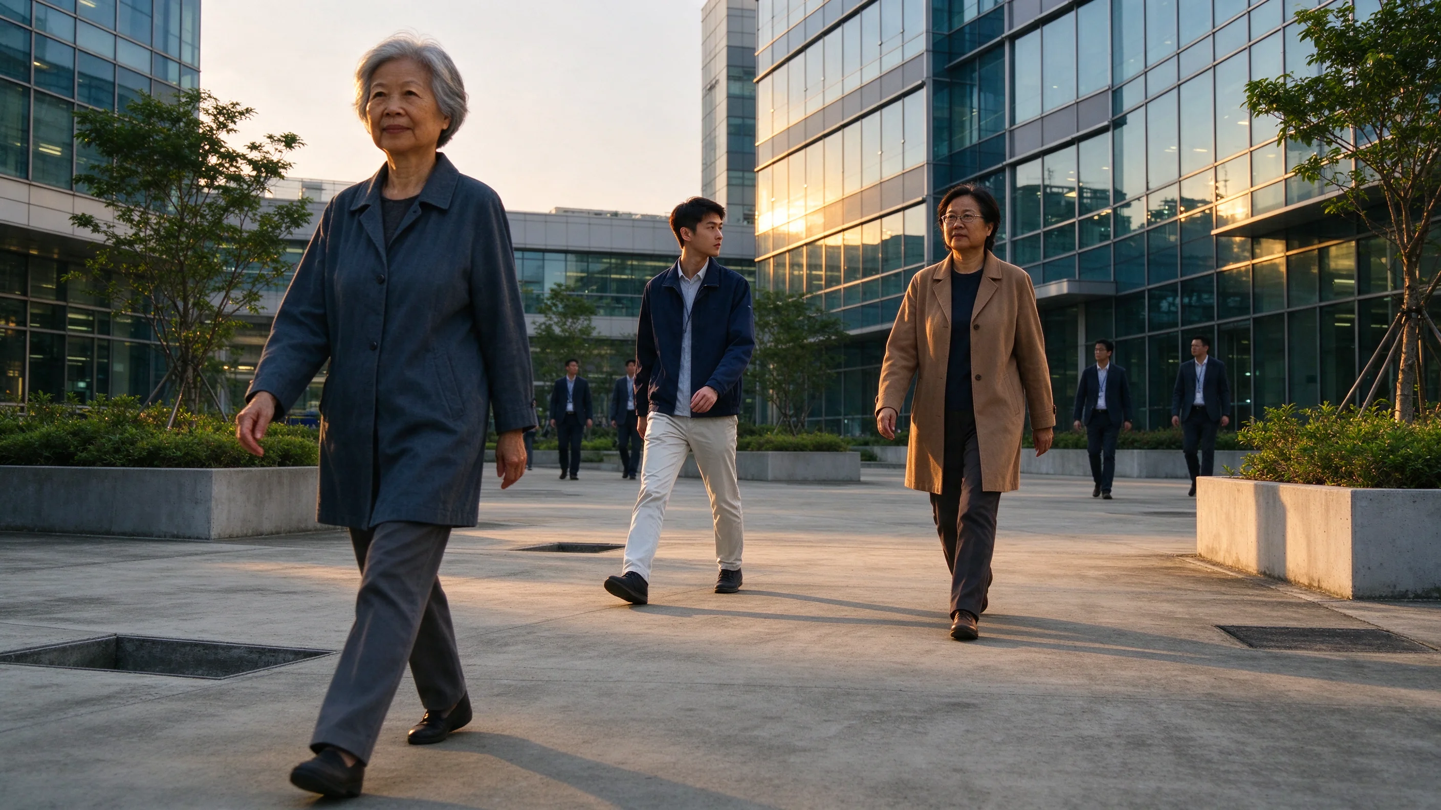 Golden-hour sunlight on a modern Hsinchu science-park campus plaza as engineers in business casual walk past reflective glass facades