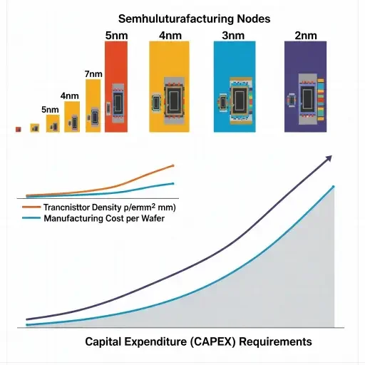 Semiconductor node comparison showing transistor density and manufacturing cost progression from 7nm to 2nm with exponential capex requirements illustrated