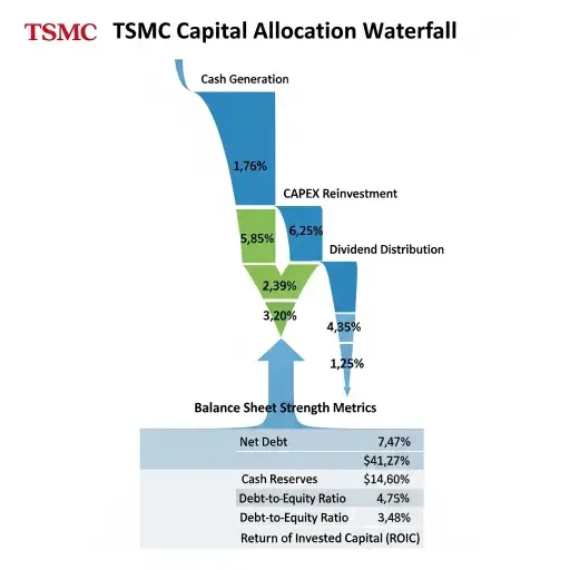 TSMC capital allocation waterfall showing cash generation, capex reinvestment, dividend distribution, and balance sheet strength metrics